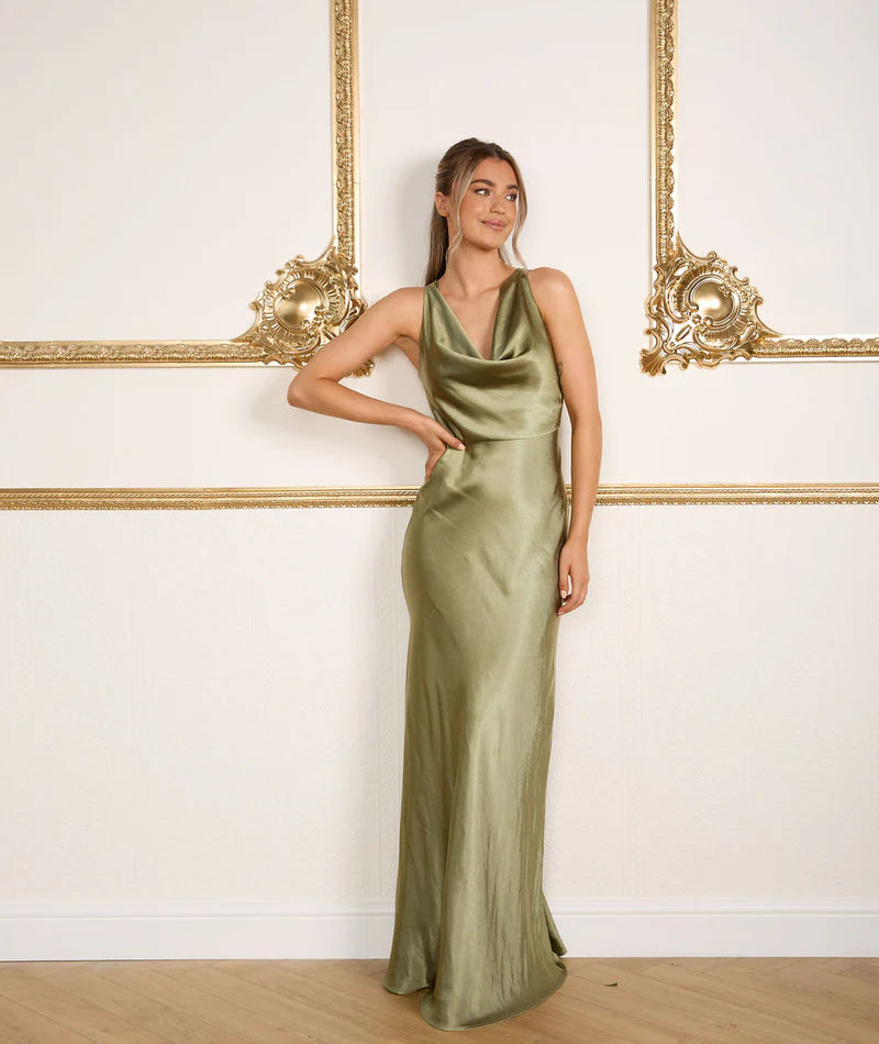 Six Stories Myah Satin Cowl Front Bridesmaid Dress - Moss