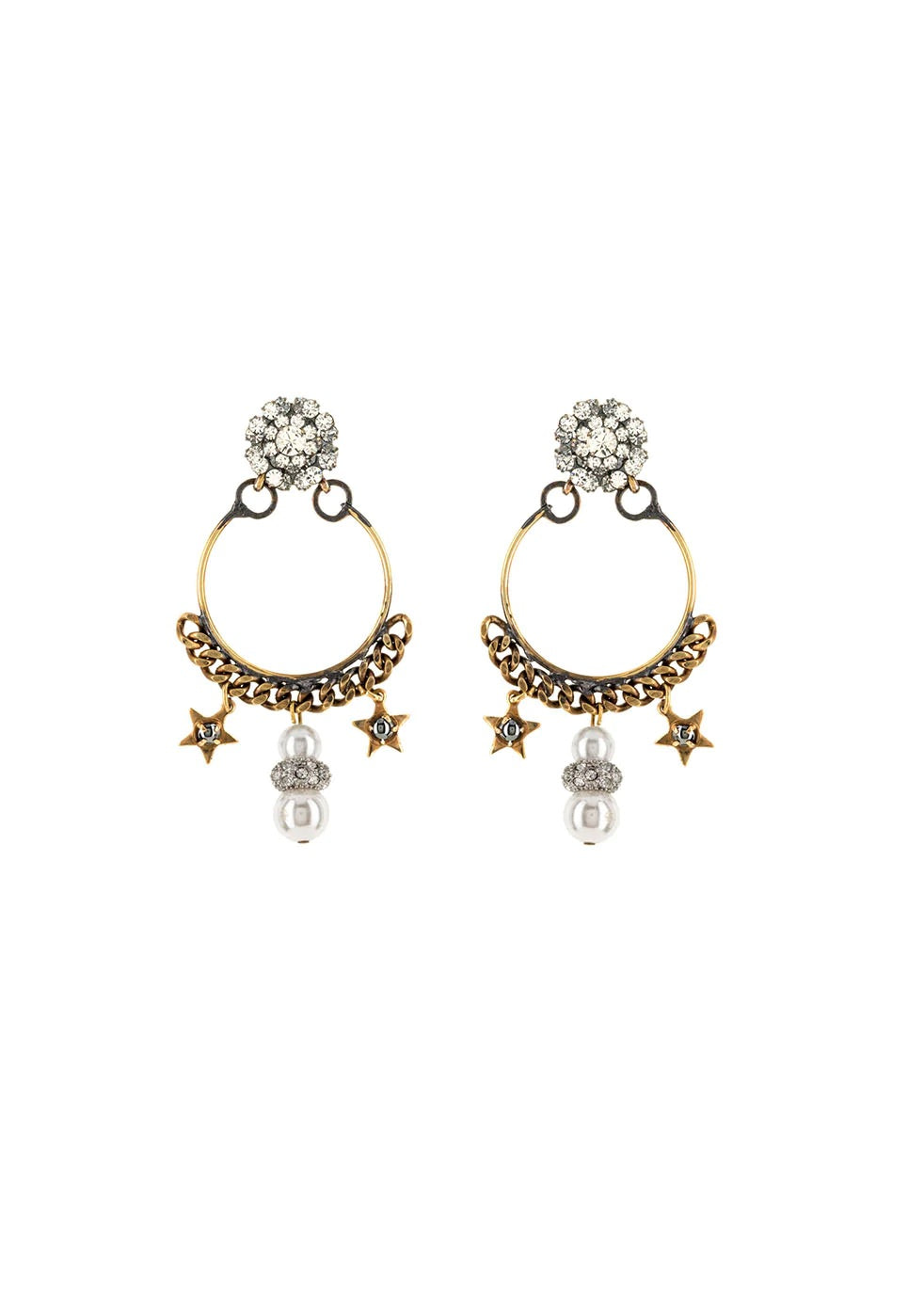A pair of earrings featuring a gold-colored antique chain circlet with a Swarovski crystal cluster at the top, adorned with pearl, crystal, and starlet charms.