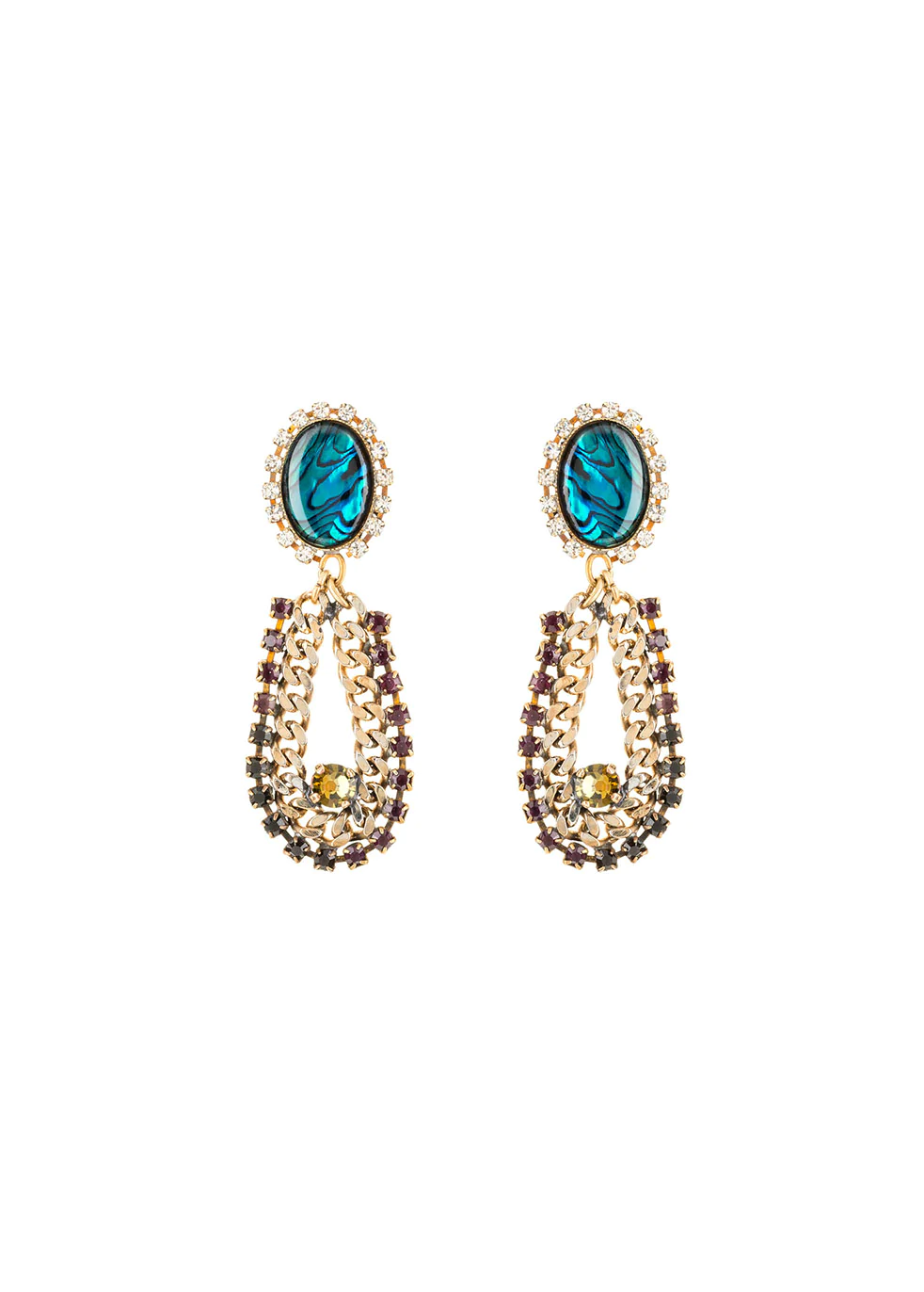 A pair of earrings featuring blue paua shell with Swarovski crystals and antique chain detailing.