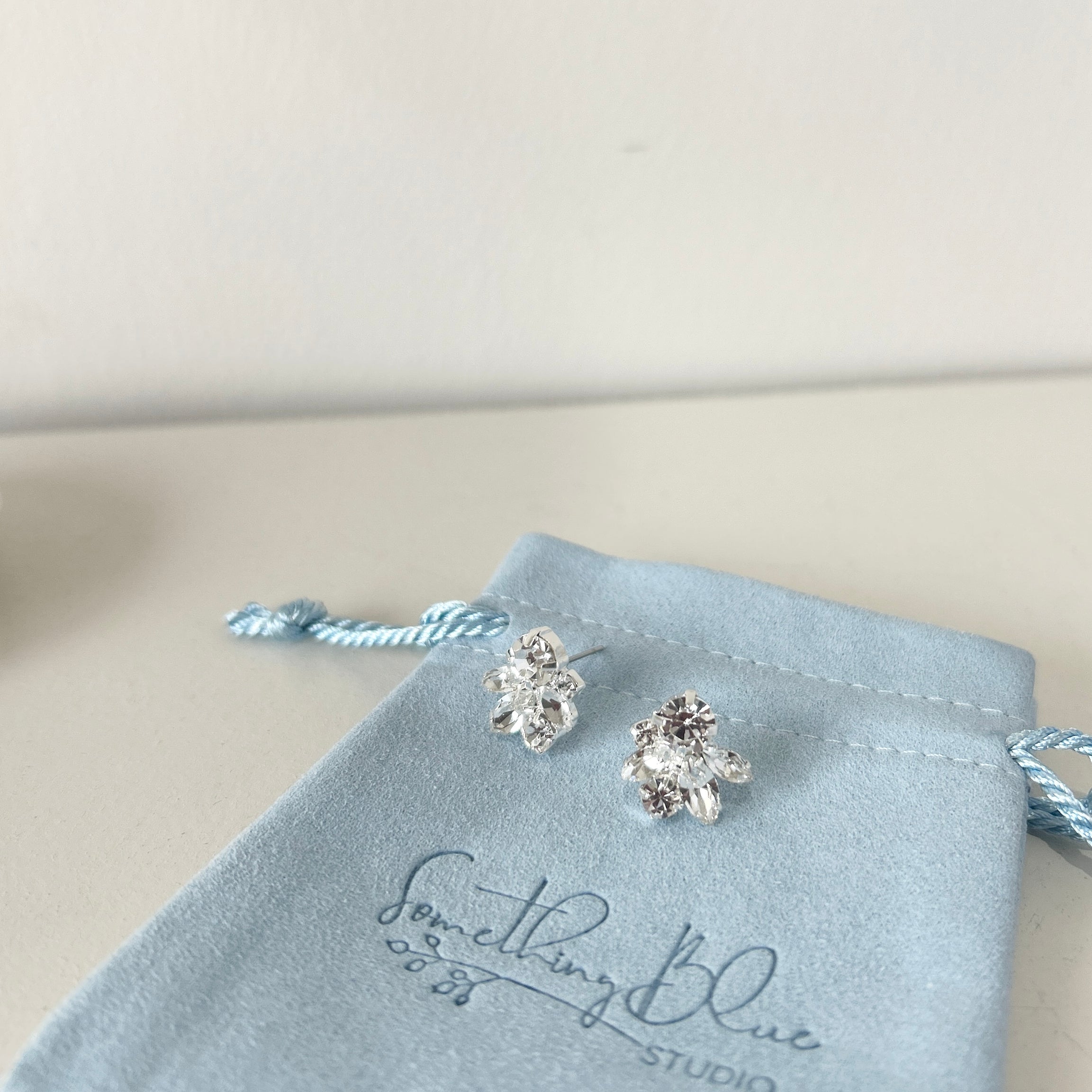Pair of leaf shaped earrings on a Something Blue Studio branded pouch.