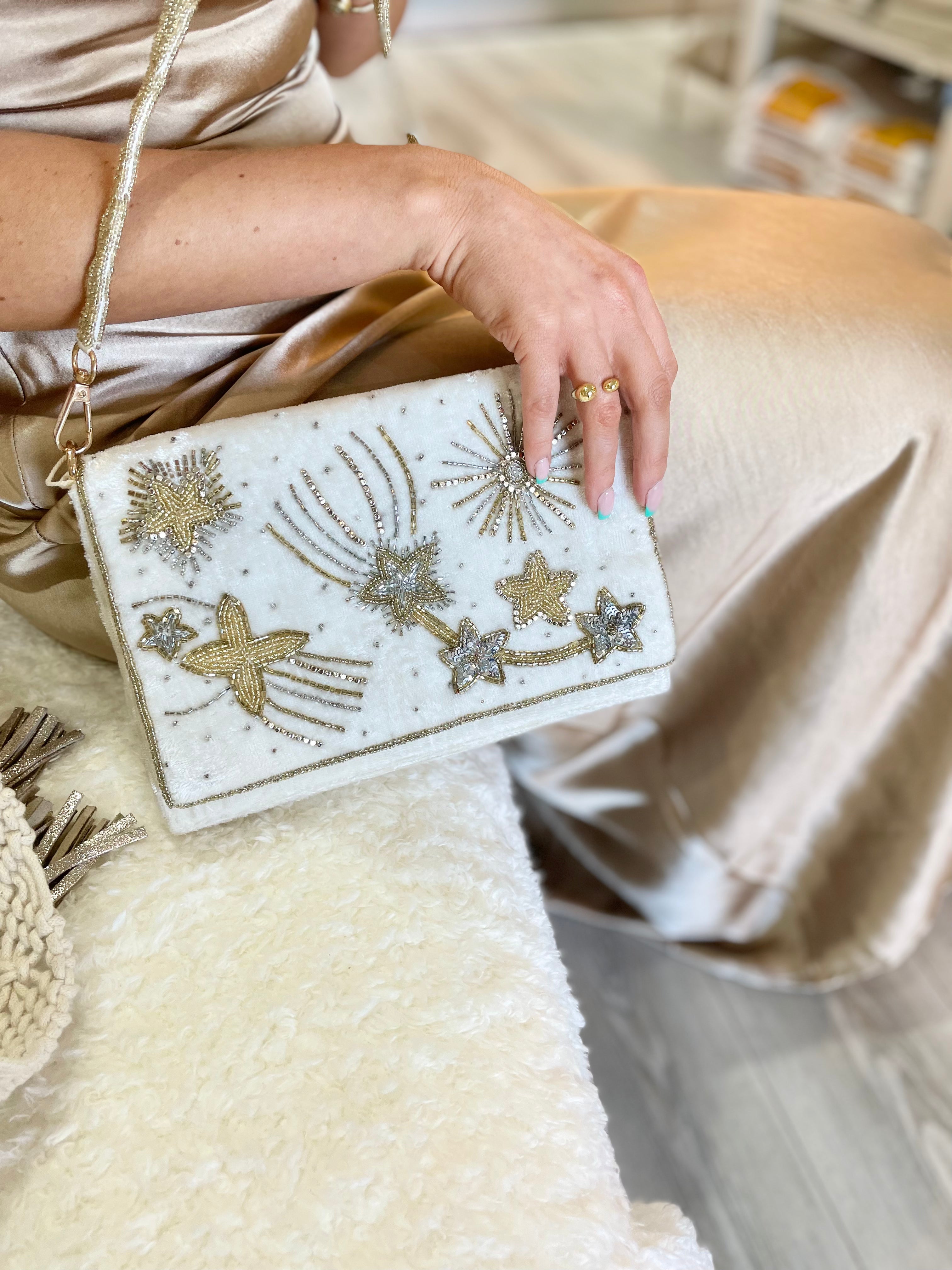 Celestial white velvet bridal bag with gold beading