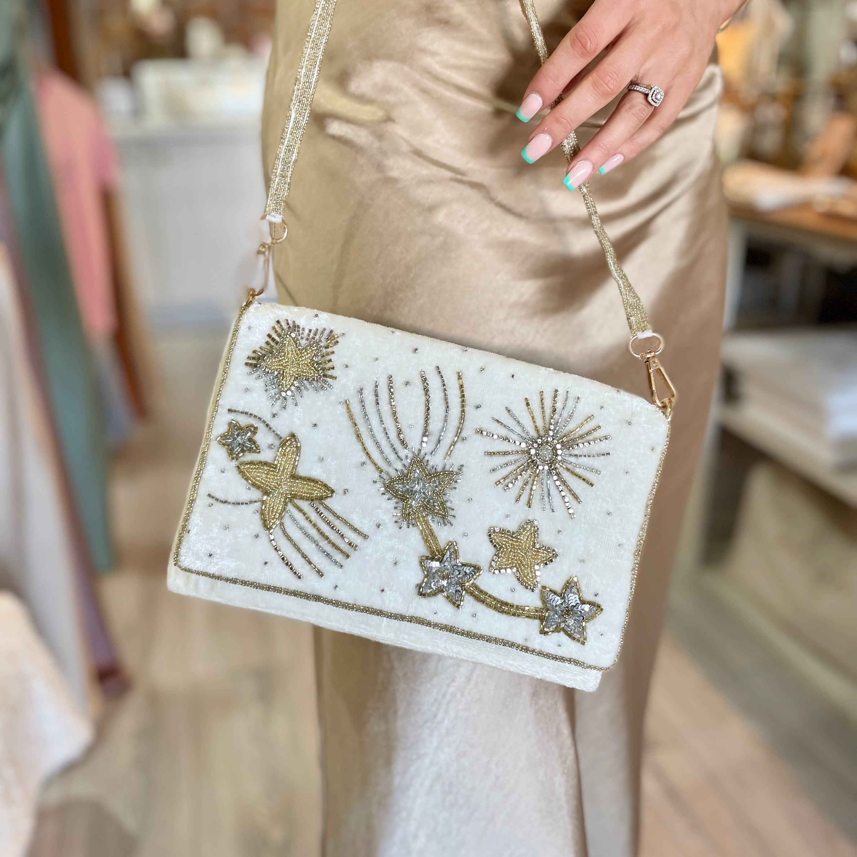 Celestial white velvet bridal bag with gold beading