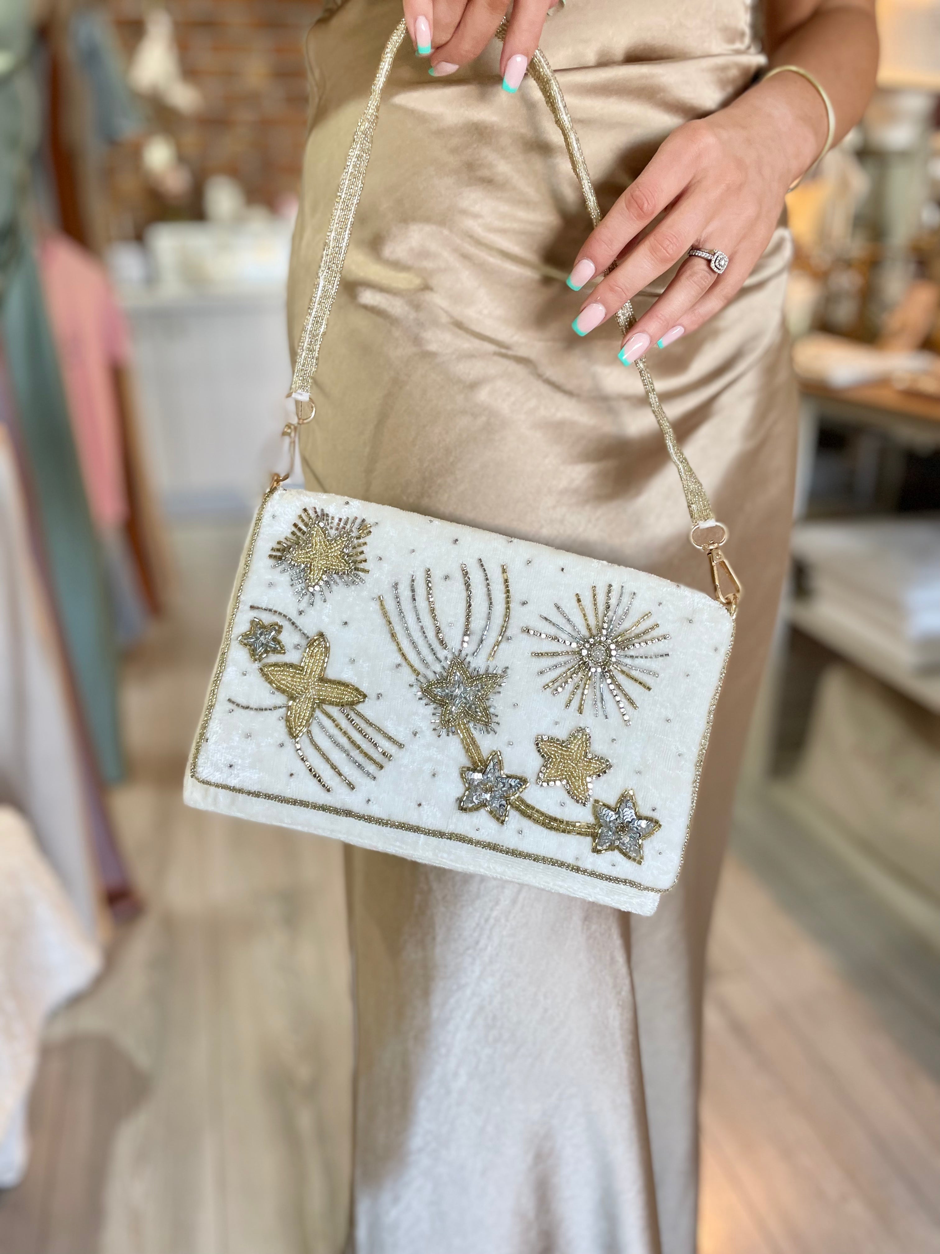 Celestial white velvet bridal bag with gold beading