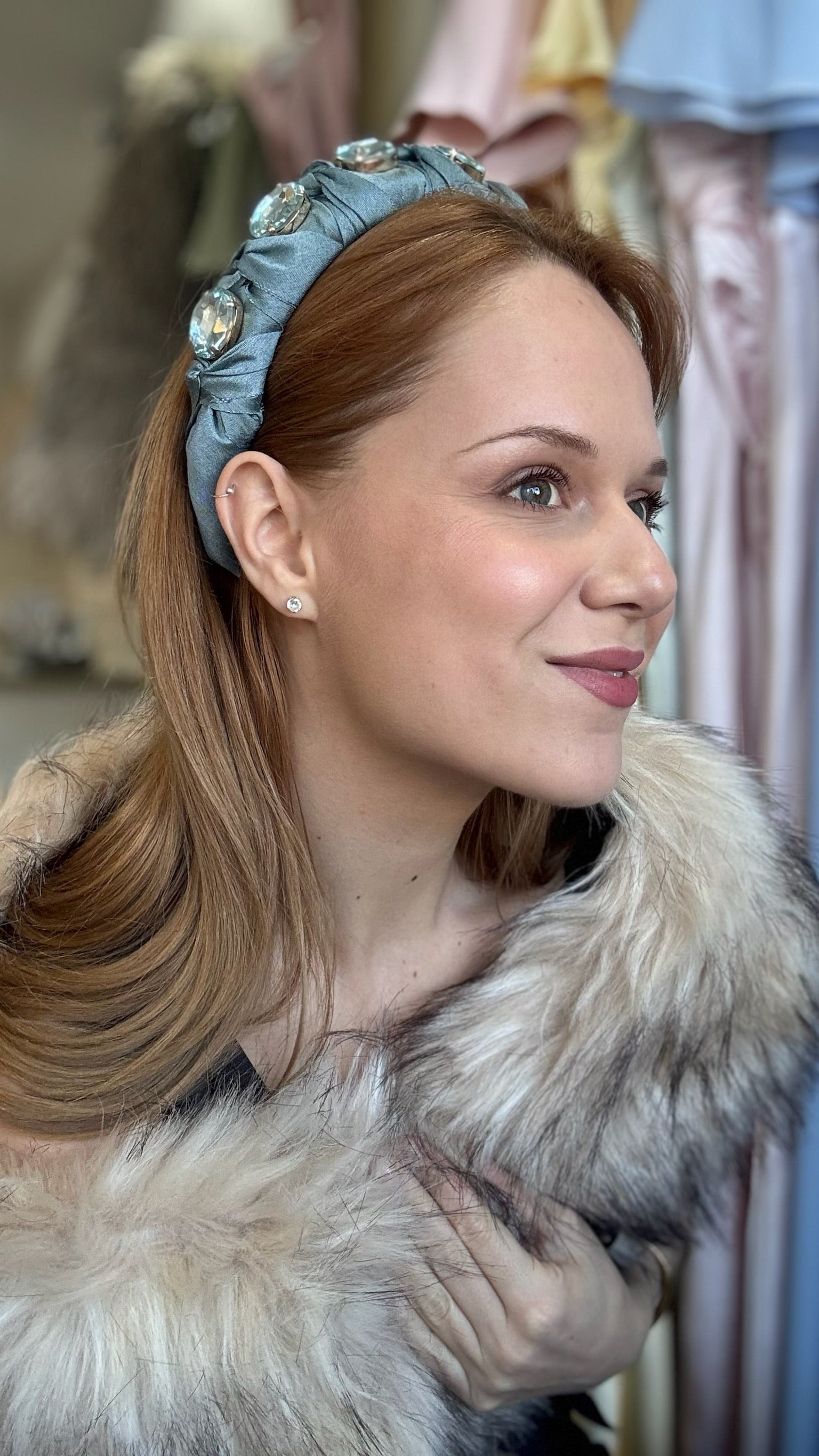 Lady wearing dusty blue crystal headband