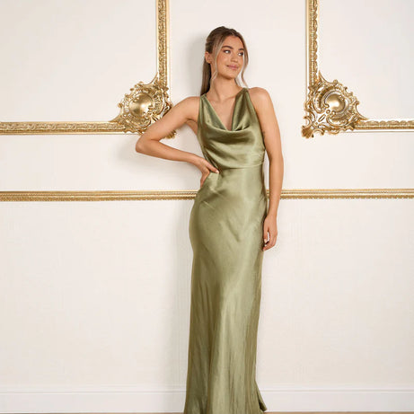 Six Stories Myah Satin Cowl Front Bridesmaid Dress - Moss