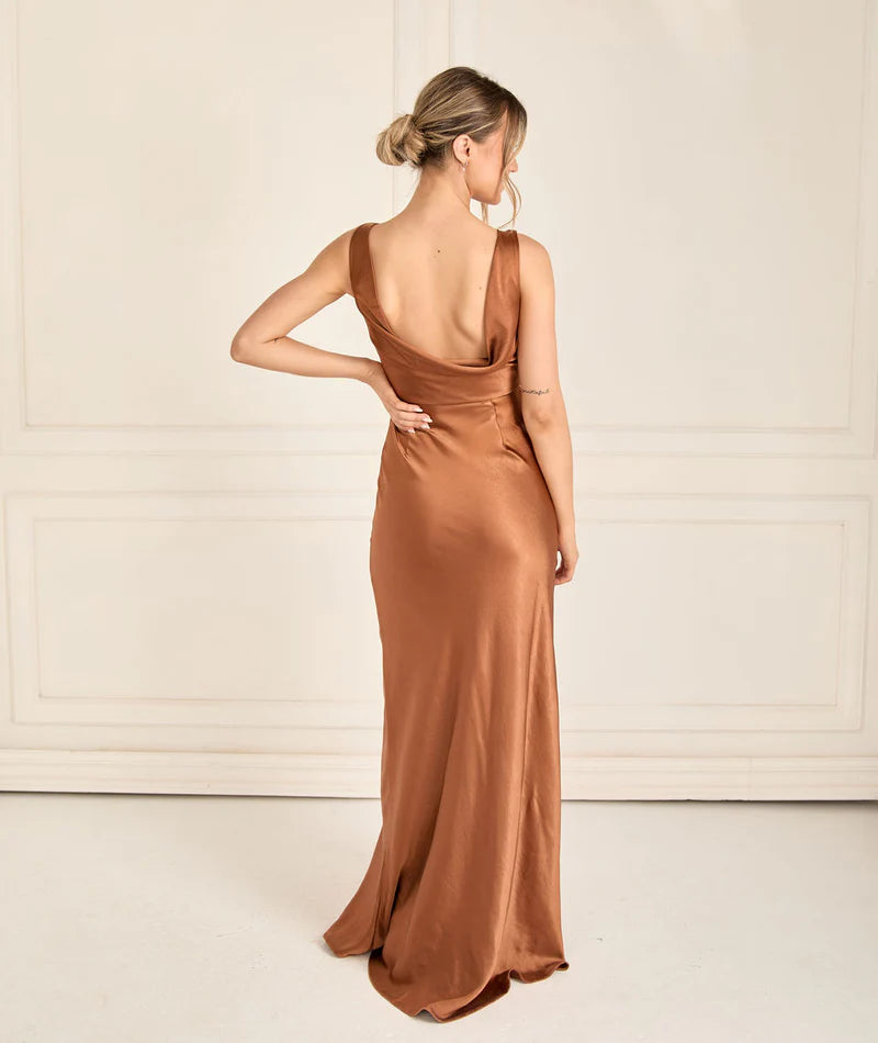 Jane Satin Cowl Back Bridesmaid Dress - Rust