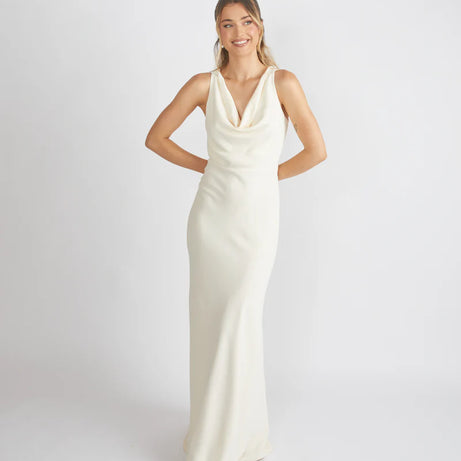 Girl wearing Six Stories Crepe Almond Bridesmaid dress