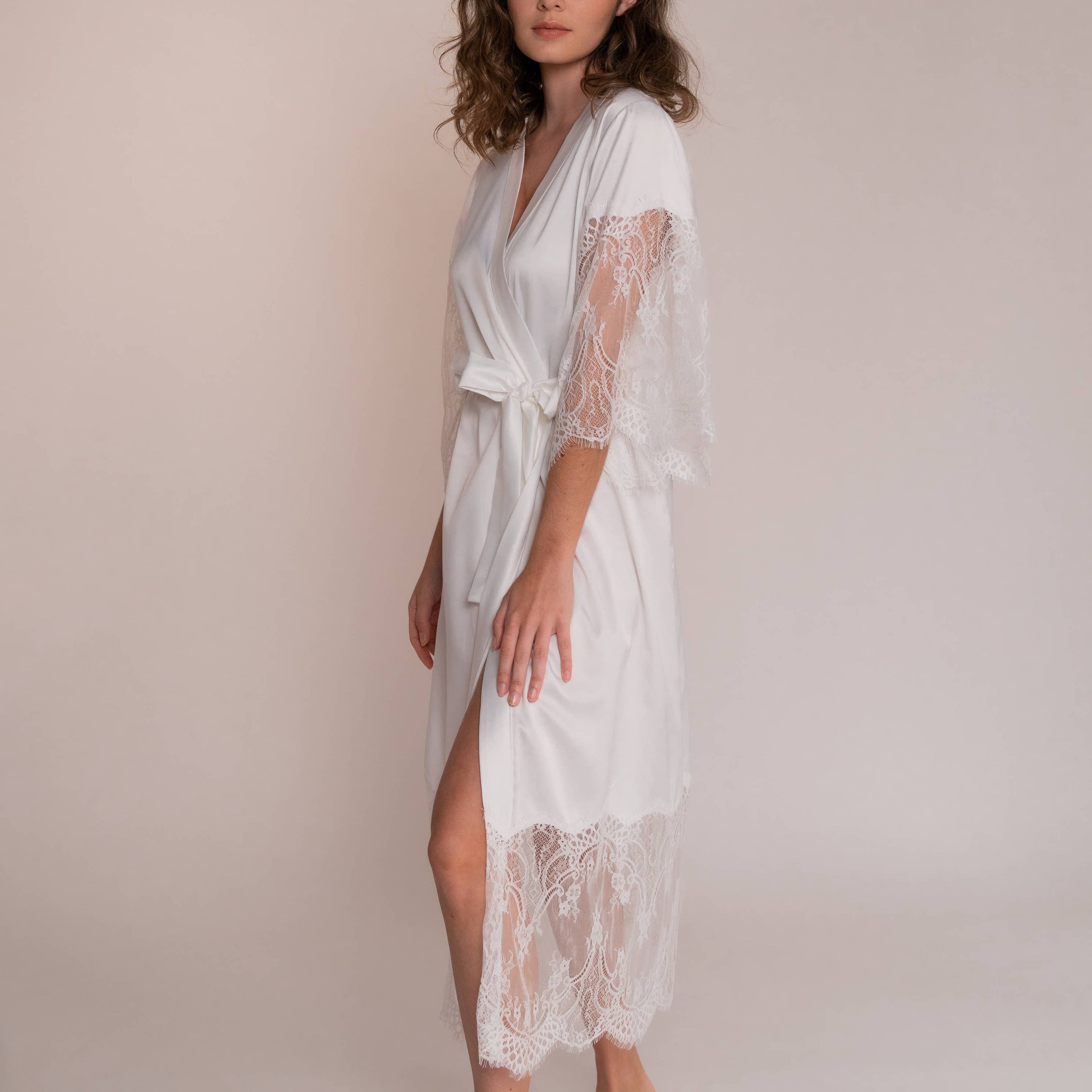 The Anais Bridal robe, a luxury white satin and lace bridal robe for those extra special wedding moments. Capture your feminine essence perfectly with this best selling bridal accessory.