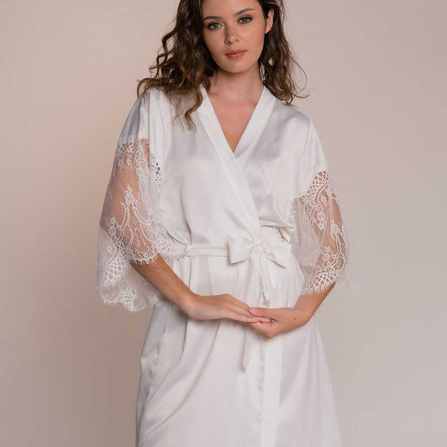 The Anais Bridal robe, a luxury white satin and lace bridal robe for those extra special wedding moments. Capture your feminine essence perfectly with this best selling bridal accessory.