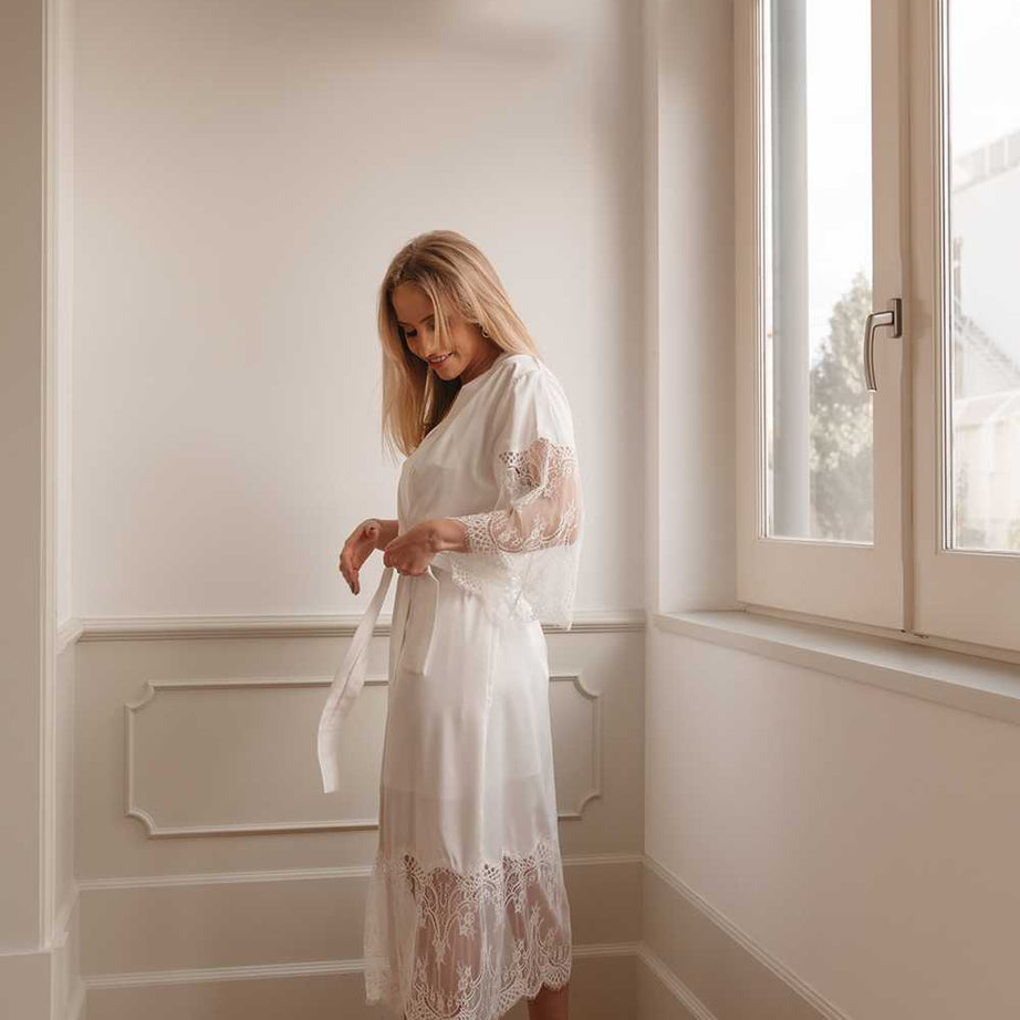 luxury white satin and lace bridal robe